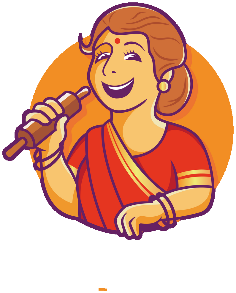 Mana Inti Ruchulu mascot — a smiling woman in a red sari holding a rolling pin